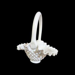 Vintage Fenton Hobnail Milk Glass‎ Basket with Ruffled Edge